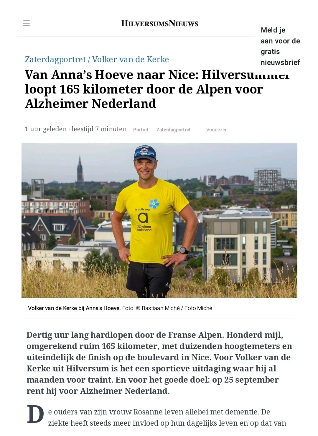 Uitsnede van HilversumsNieuws met de kop Van Anna's Hoeve naar Nice: Hilversummer loopt 165 kilometer door de Alpen voor Alzheimer Nederland